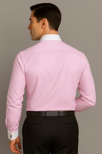 Image of Men's Premium Cotton Formal Dress Shirt - White Collar & French Cuffs with Cufflinks | Solid White, Micro Check & Striped for Office, Wedding