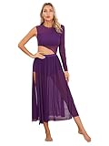 Xnihocha Vestido de danza lírica para mujer, manga larga, body de ballet, malla transparente, tutú de tul, vestido de corte contemporáneo con aberturas, morado, S