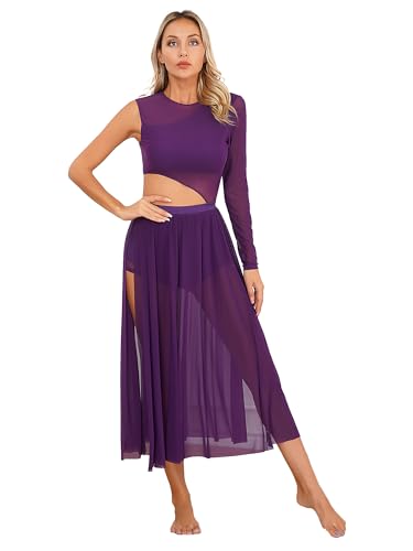 Xnihocha Vestido de danza lírica para mujer, manga larga, body de ballet, malla transparente, tutú de tul, vestido de corte contemporáneo con aberturas, morado, S
