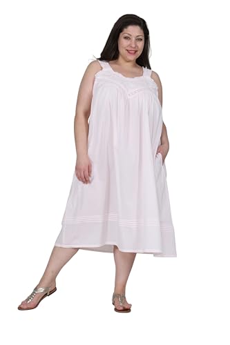 LA CERA Cotton Chemise - Lace V-Neck Nightgown with Pockets Nightgown - Pink - Small
