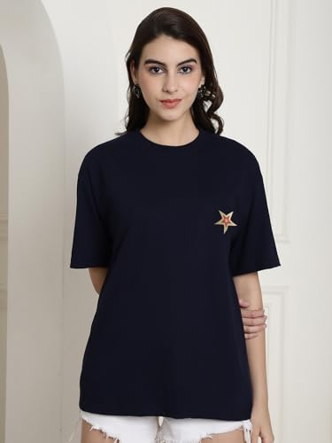 Image of Fabflee Oversized Cotton Baggy Drop Shoulder Graphic Tee with Half Sleeves | Korean Casual Loose T-Shirt for Women