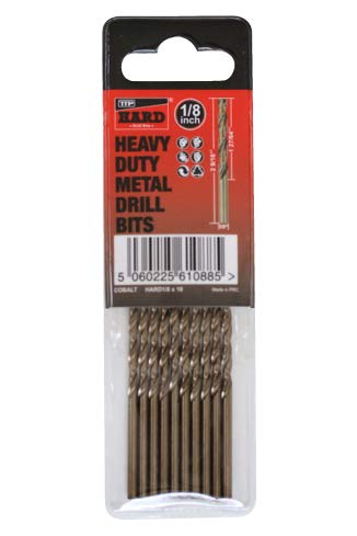 Cobalt M35 imperial 1/8” drill bits for metal by TTP HARD drills | Pack of 10 x 1/8” cobalt drill bits | added cobalt for drilling harder metals |Easy to use & long life | Easily drill chrome, stainless steel, hardox 450, cast iron and aluminium | Heavy duty and designed for drilling harder metals and alloys | maintains cutting abilities at higher temperatures | reduced heat build up | can be resharpened | Certificate of Hardness from SGS Testing