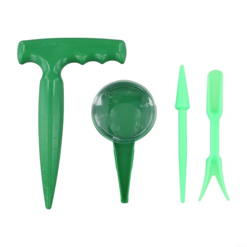 HEIBTENY Juego de herramientas de jardinería de 4 piezas con bombilla y perforador para verduras y flores, herramientas ergonómicas de siembra de plástico para iniciar y trasplantar, jardín verde