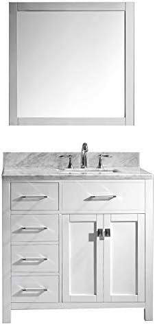 Virtu USA Caroline Parkway 36 inch Single Sink Bathroom Vanity Set in White w/Square Undermount Sink, Italian Carrara White Marble Countertop, No Faucet, 1 Mirror - MS-2136L-WMSQ-WH