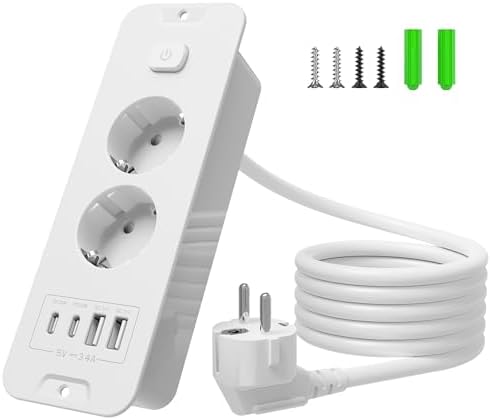 Inhwatek Einbausteckdose mit USB (PD 20W), 2-Fach Steckdosenleiste, 6-in-1 Versenkbare Tischsteckdose, Mehrfachsteckdose mit 2M Kabel Für Küche Büro Arbeitsplatte, 16A/3680W