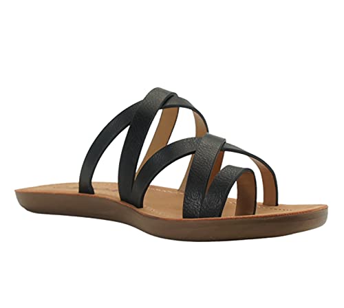 Soda Isabel ~Women Fashion Comfortable Slip On Flat Cross Bands Toe Ring Fashion Sandals (Black, Numeric_9) #TOP1