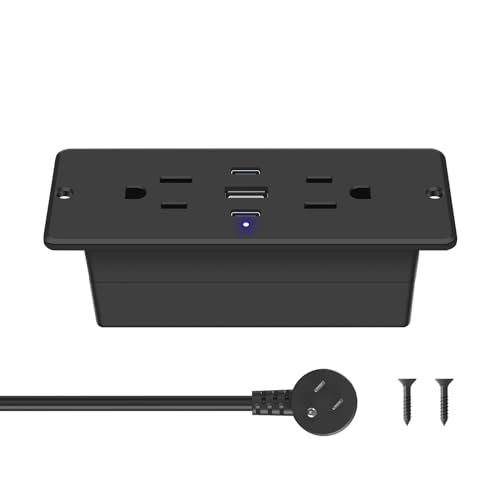 CCCEI Recessed Power Strip with Outlet and USB C Ports Furniture Flush Mount Power Strip Small Desk Hidden Outlet for Conference Table Nightstand Black 10FT.