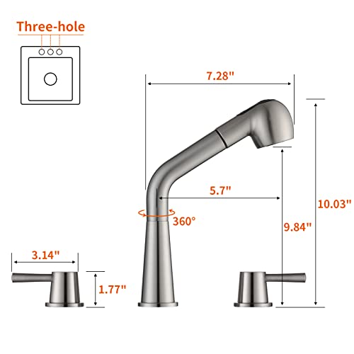 Kitchen Faucet, 2 Handles Kitchen Sink Faucet, 3 Holes Sink Faucet, Spring Pull-Down Kitchen Faucets, Bar Kitchen Faucet, Brushed Nickel, Stainless Steel, Rulia Rb1060 #TOP5