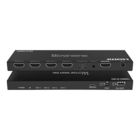 FOURKAY 1x4 4K HDMI Splitter with 4K->1080p Downscaling and Stereo Audio Extraction. HDMI 2.0b, HDCP2.2 HDCP1.4 Cover