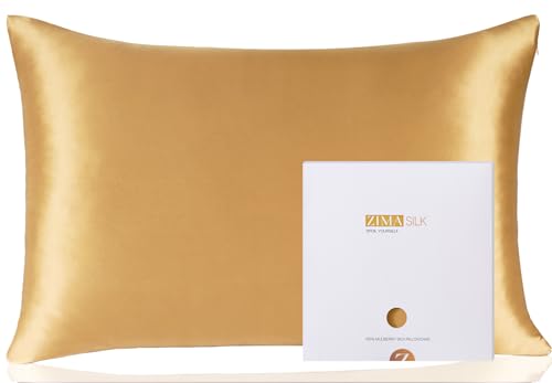 ZIMASILK Taie d'oreiller en Soie 100% Soie Naturelle de mûrier 19 mm, 600 Fils, pour La Santé des Cheveux et de La Peau, Soie 6A de qualité des Deux côtés, 50x75cm, Doré