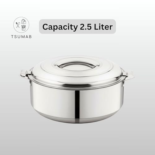 Image of Stainless Steel Hotpot with Lid, 2.5 Liter (20 cm Diameter), Double Wall Insulated, Keeps Food Hot & Fresh, Durable Heavy Duty, Ideal for Rice, Curry, Biryani, Chapati - Silver