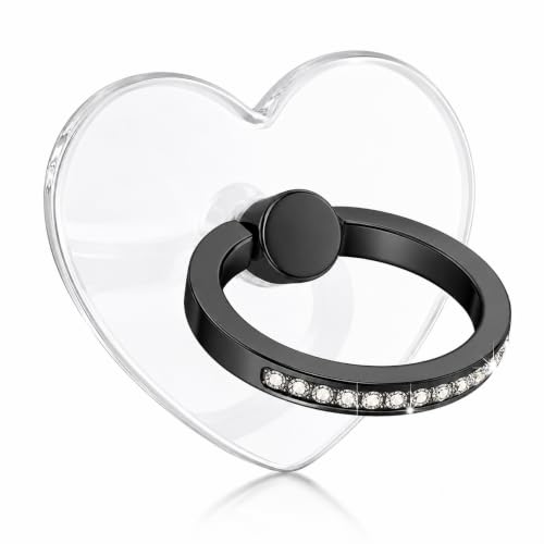 Image of Mizi 2Pack Transparent Heart Phone Ring Holder Kickstand, Bling Crystal Finger Grip Stand with 360 Rotation for iPhone, Samsung, Android Phones & Cases - Black