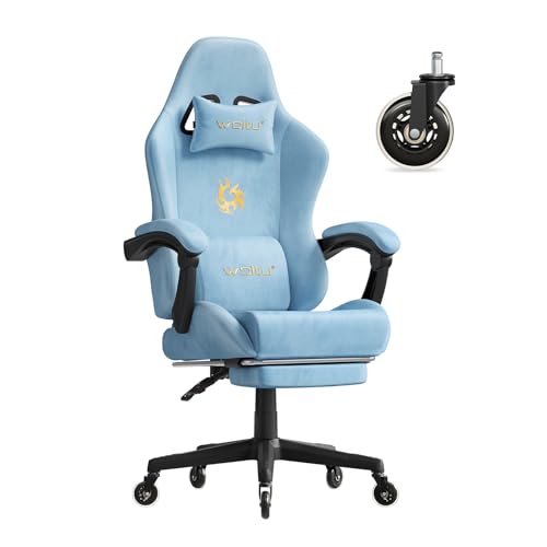 WOLTU Silla Gaming con Soporte Lumbar, Silla Oficina Ergonómica con Cabeza y Reposapiés, Sillón Trabajo Giratorio con Gran Asiento y Ruedas, Tela de Ante, Azul