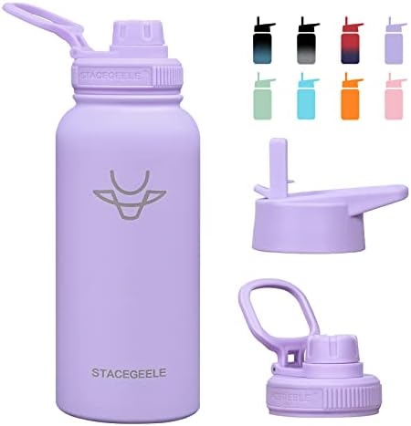STACEGEELE Insulated Vacuum Water Bottle with Straw Lid Stainless Steel Flask Thermos Leak Proof Lightweight Eco Friendly 24oz