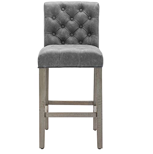 Btexpert Wooden Antique Gray Pu Leather Tufted Counter 26.5" Bar Stool Chair, Accent Nail Trim Barstool -Four Pack #TOP3