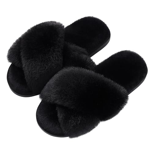 Image of Evshine Memory Foam Fuzzy House Slippers for Women | Faux Fur Cross Band Open Toe Indoor Slippers, Gifts for Women, Moms and Bridesmaids