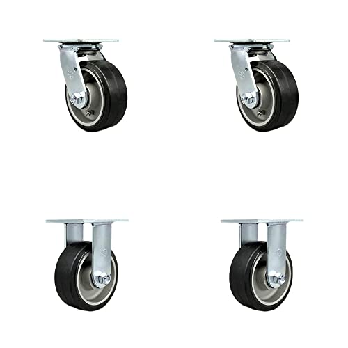 Rubber on Aluminum Swivel Top Plate Casters Set of 4 Heavy Duty with 5 Inch Wheels - Includes 2 Swivel and 2 Rigid – 2,000 lbs. Total Capacity - Service Caster Brand