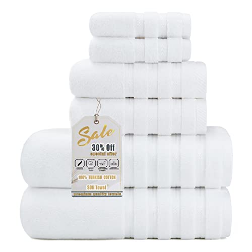 6 Piece Bath Towel Set Premium Luxury Hotel Spa Towels Turkish Cotton Towels Bathroom Set Super Soft Highly Absorbent, 2 Bath Towels, 2 Hand Towels, 2 Washcloths, White #TOP22