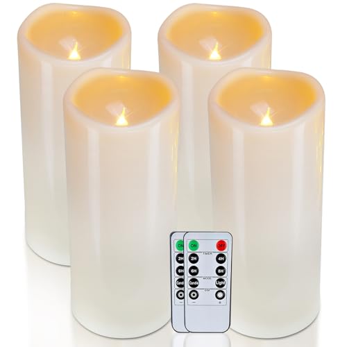 Image of Homemory 4 inch x 10 inch Large Waterproof Outdoor Flameless Candles, Battery Operated LED Pillar Candles with Remote and Timers for Indoor Outdoor Lanterns, Long Lasting, Dark Ivory, Set of 4