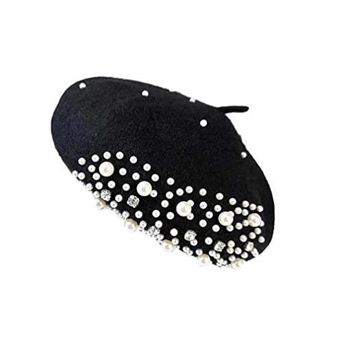 Purfanree Women Girls Beaded Pearl Rhinestone Wool French Beret Hat Winter Artist Painter Hats Beanie Cap #TOP3