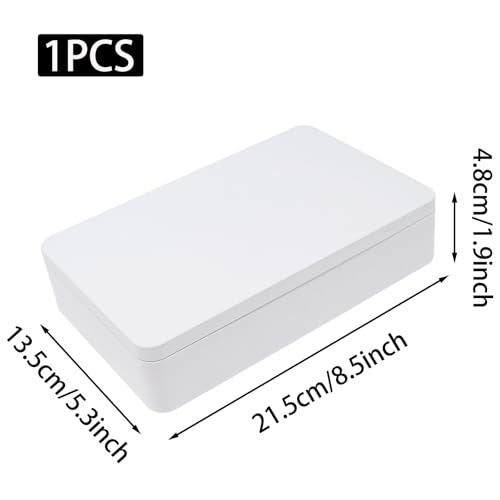 Image of White Metal Tin Box with Lid, 8.5 x 5.3 x 1.9 Inch Rectangular Empty Tin Box for Home Storage
