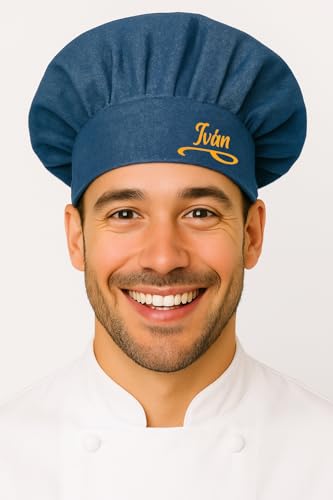 Original Gorro cocinero Chef ajustable para hombre o mujer. Regalo cumpleaños. Regalo totalmente personalizable. Nos dices el nombre que quieres que se ponga. Diseño Español (DENIM CON NOMBRE)