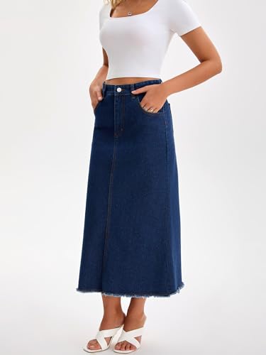 Women Denim Skirt Maxi A Line High Waisted Raw Hem Casual Jean Skirt2