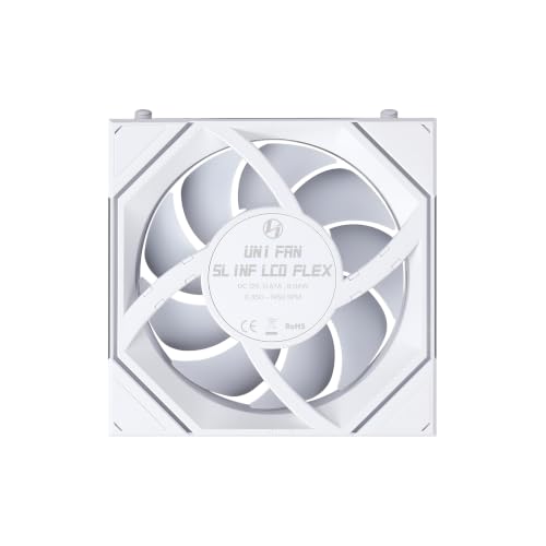 Image of Lian Li UNI Fan SL-INF LCD Flex 120mm Reverse Blade ARGB Fan, Single Pack, Controller Not Included, White (12RSLIND1F1W)