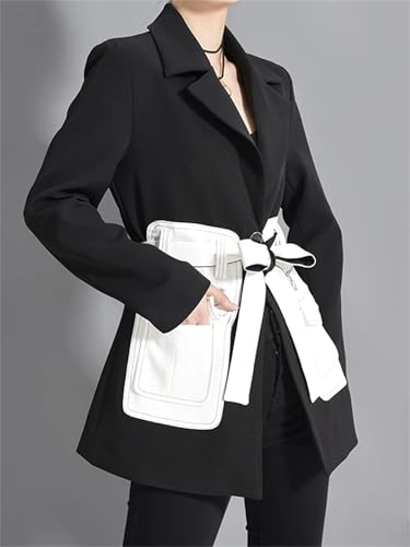 Women Contrast Color Pocket Notched Blazer Lapel Long Sleeve Loose Fit Jacket2