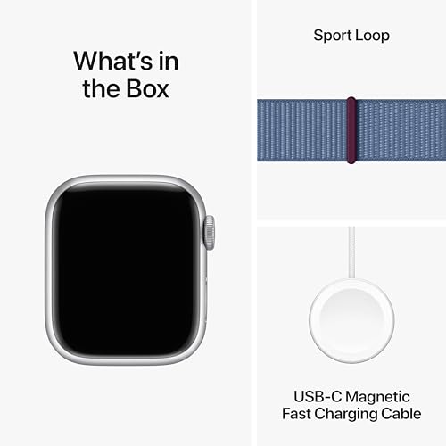 Image of Apple Watch Series 9 [GPS 41mm] Smartwatch with Silver Aluminum Case with Winter Blue Sport Loop One Size. Fitness Tracker, ECG Apps, Always-On Retina Display, Carbon Neutral
