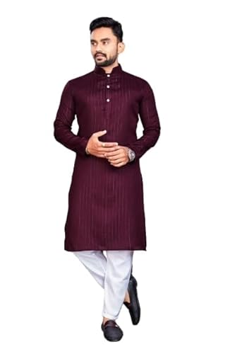 Men's Ethnic Kurta Pure Cotton slub Strip Fancy Fabric with Silver Weaving Lining