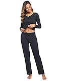 ❀ Langarm Pyjama Set , U-Ausschnitt Top und lang hose , Brusttasche,Gummizug und Elastischen Tunnelzugbund,Lässige Schlafanzüge Zweiteilige