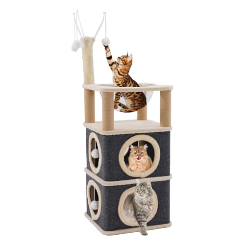 Katzenhaus, Katzenbetten für Hauskatzen, große Katzenhöhle, Katzenwürfel, 2-stöckig, mit 4 Kratzbäumen, Stabiler Katzenbaum, Kletterturm mit Raumkapselbett und flauschigem Ball Katzenhaus, Katzenbetten für Hauskatzen, große Katzenhöhle, Katzenwürfel, 2-stöckig, mit 4 Kratzbäumen, Stabiler Katzenbaum, Kletterturm mit Raumkapselbett und flauschigem Ball