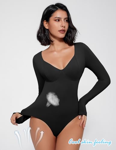 Avidlove Bodysuit for Women Long Sleeve Double Lined Tank Top V Neck Bodysuit Tummy Control Shapewear2