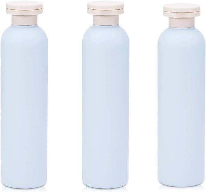 CLENEA 8.8oz Squeeze Bottles with Flip Cap, Refillable Plastic Travel Bottles for Creams, Lotion, Shampoo, Conditioner Travel Bottle (Blue, 3 Pcs)