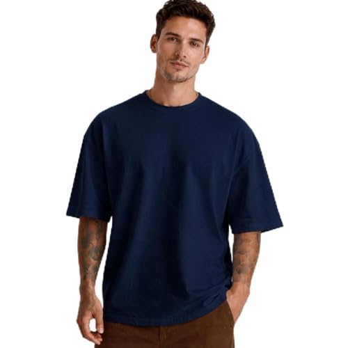 Image of Men's Oversized Round Neck Cotton T-Shirt for Men | Premium Soft Cotton Casual Loose Fit Half Sleeve Plain Tee Shirt