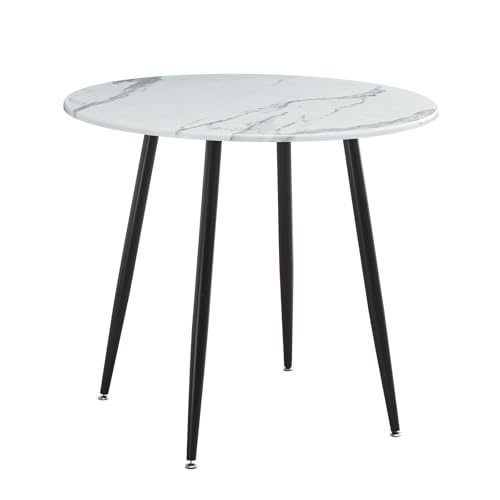 HomJoy Round Dining Table White Rectangular 90cm Modern Marble Effect PVC Wood Top Kitchen Dinner Restaurant Pub Cafe Metal Legs Space Saving