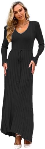 Image of Women's Long Sleeve Sweater Dress Ankle Length Fall Dress Vneck Knit Winter Dress