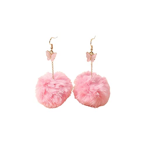 4 Pairs Pom Pom Dangle Earrings Set Statement Fluffy Fur Ball Drop Earrings For Women Girls Winter Jewelry-D Pink Butterfly #TOP15