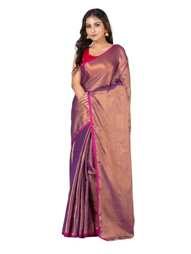 Image of Women's Tissue Cotton Saree | Plain Lightweight Tassel Pallu Saree with Blouse