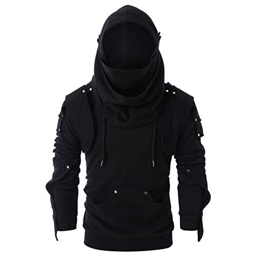 Black Solid Color Hoodies for Men with Designs Vintage Masked Rivets Sweatshirts with Pockets(Black,L)3