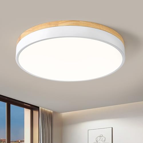 Image of Dimmable LED Wood White Round Flush Mount Ceiling Light 15.74 Inch