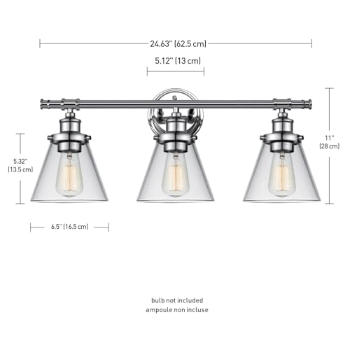 Image of Globe Electric 51445 Parker 3-Light Vanity Light, Chrome, Clear Glass Shades, Bulb Not Included