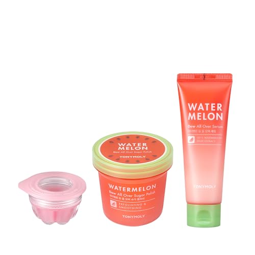 TONYMOLY Watermelon Trio - Watermelon Dew All Over Body & Face Serum, 4 oz + Watermelon Dew All Over Body Sugar Polish, 10 oz + Jelly Lip Melt, Watermelon, Hydrating & Nourishing Lip Balm Treatment