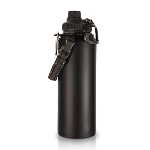 Volhoply 1200ml Insulated Water Bottles Paracord Handle, Stainless Steel Sports Bottle with Spout Lid, Double Walled Travel Water Cups with Wide Mouth, Reusable Water jug for Adults (Black, 1 Set)