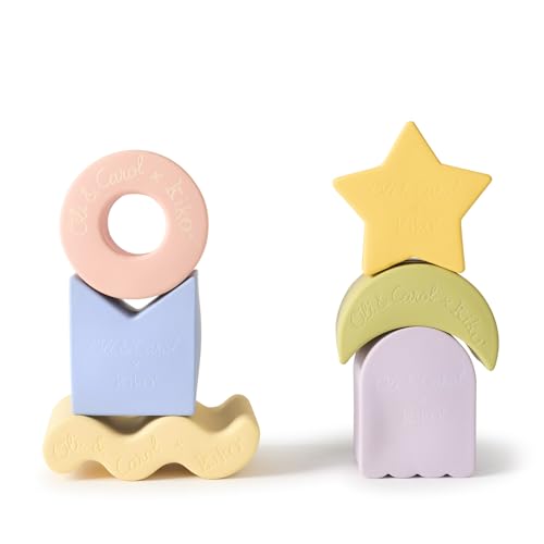 Oli & Carol - Mordedor bebé de caucho natural - Regalo para bebé 0 3 6 meses, 1 año - 6 figuras geométricas apilables