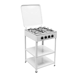 4-Burner Propane Camping Stove, Portable Camping Grill with 2 Tier Storage Rack and Wind Blocking Cover Adapter, Gas Stove Portable Stove Set for Car Camping BBQ Picnics Cooking, White