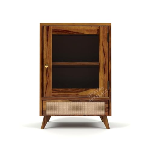 Image of Wooden Small Crockery Cabinet | Sideboard Display Cabinet with Glass Door & Drawer for Living Room | Bookshelf for Home & Office | Material: Sheesham Wood, Natural | Design: Cane