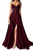 Sparkly Chiffon Abendkleider Lang V Ausschnitt Spitzenapplikationen Brautjungfernkleid A Linie Ballkleider mit Schlitz