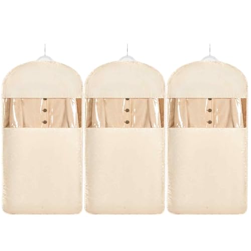 SLDYH Space Saving Hanging Garment Bag with Self Compression Zipper，Dust Cover Clothes Bags for Down Coat,Dress,Suit，Closet Storage Organizer for Home Travel Use (Beige, L)